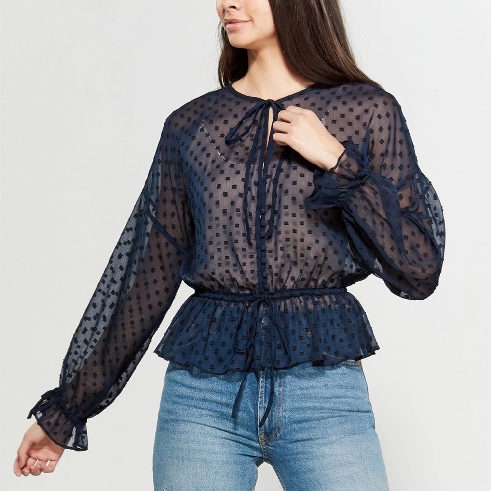 WALTER BAKER navy blue Theresa beautiful sheer polka dot blouse size small